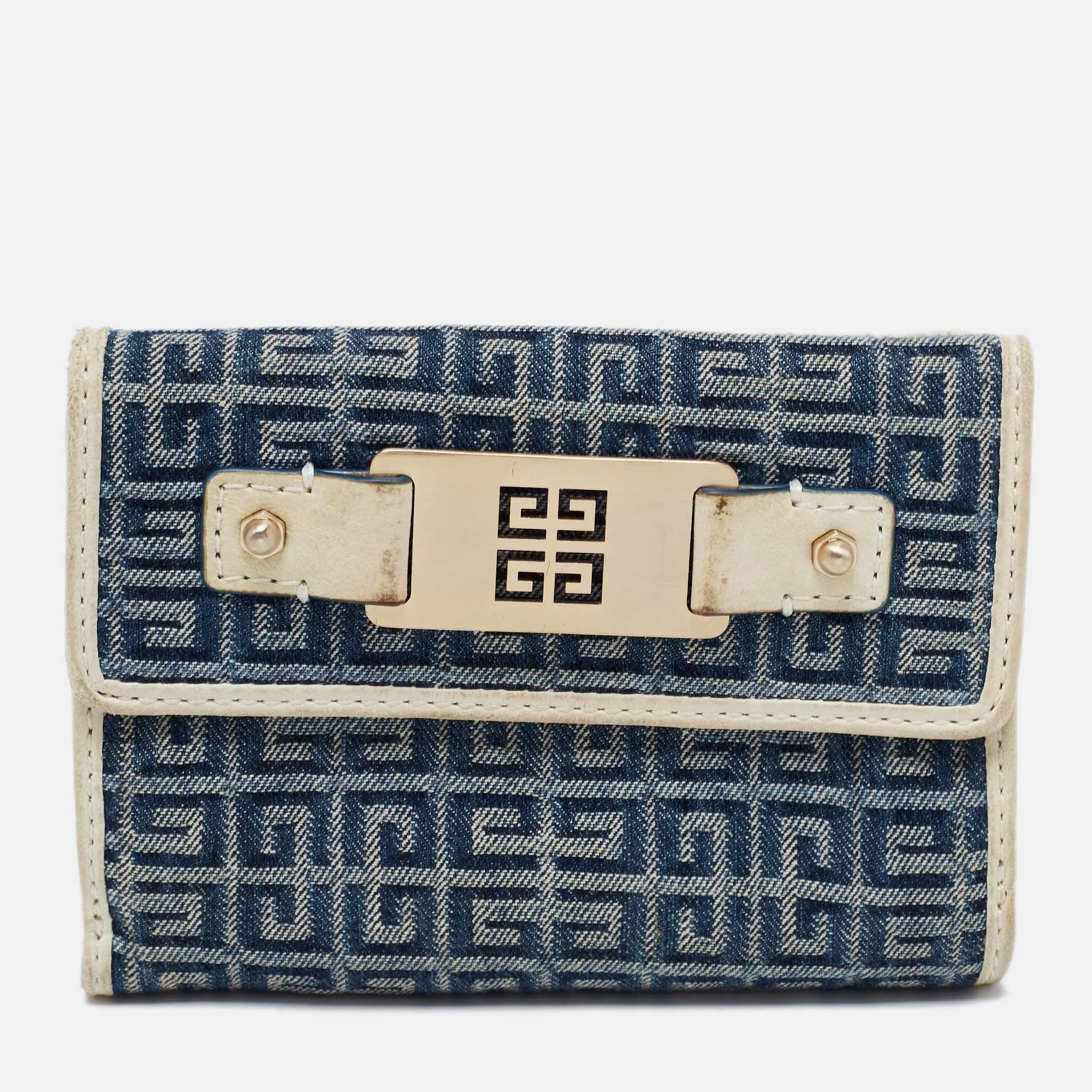 Blue/Cream Monogram Canvas and Leather Metal Flap Compact Wallet