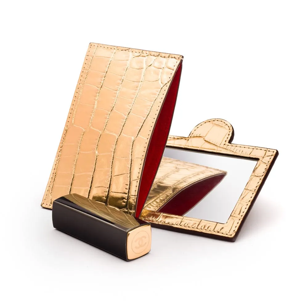 Compact Leather Mirror - Gold Croc