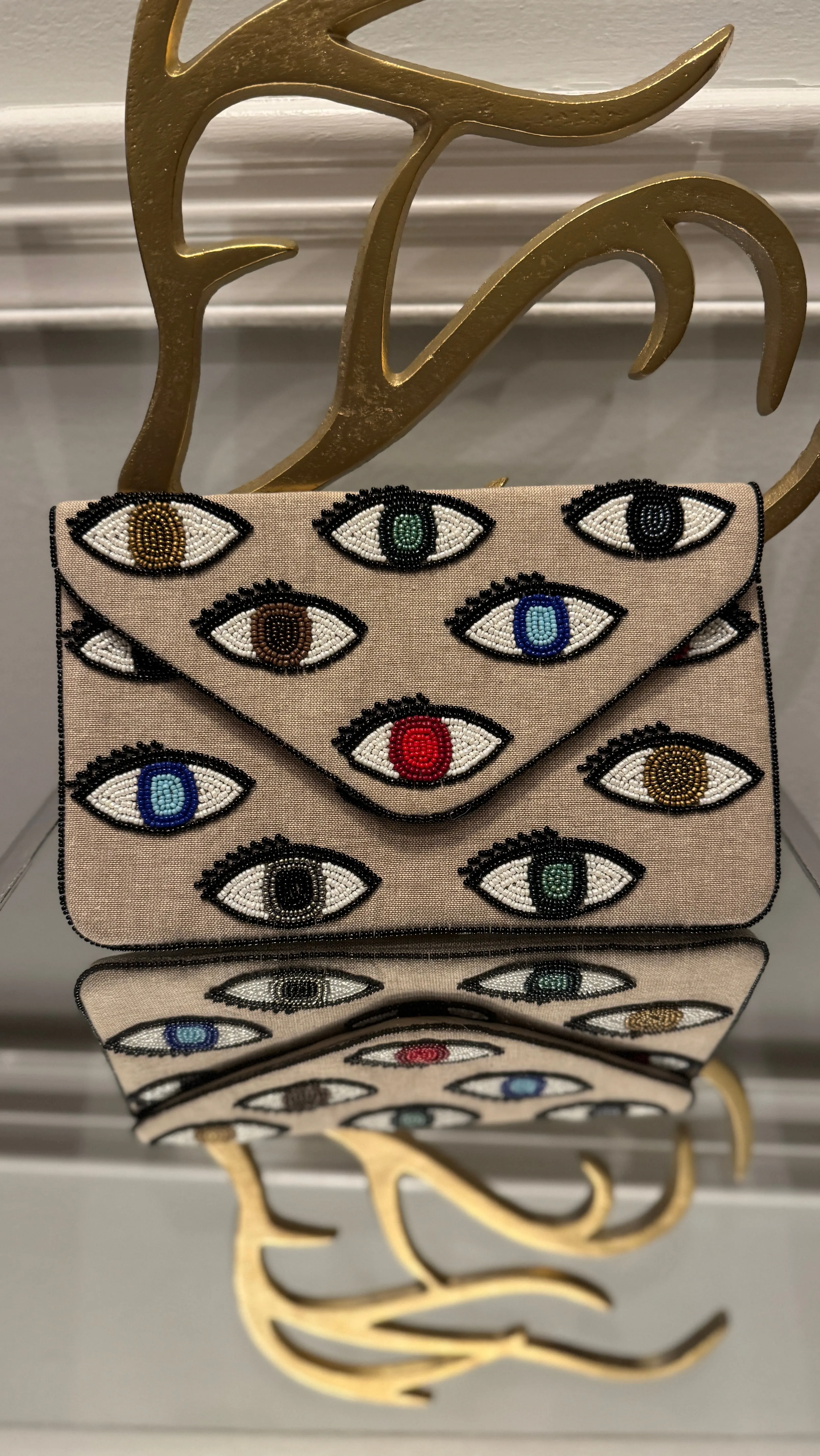 Linen Clutch hand beaded  Multi colors Evil Eye Design