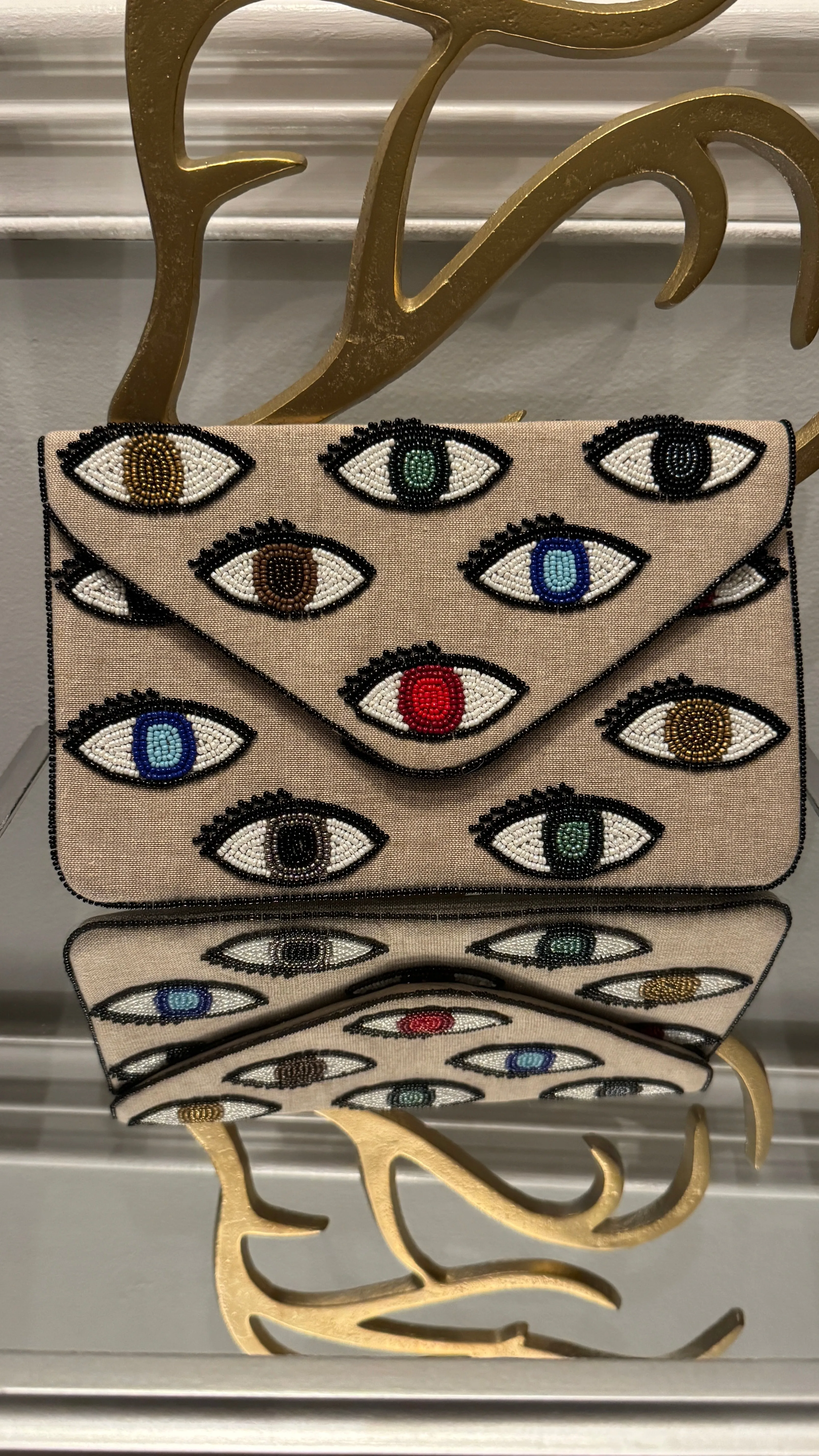 Linen Clutch hand beaded  Multi colors Evil Eye Design