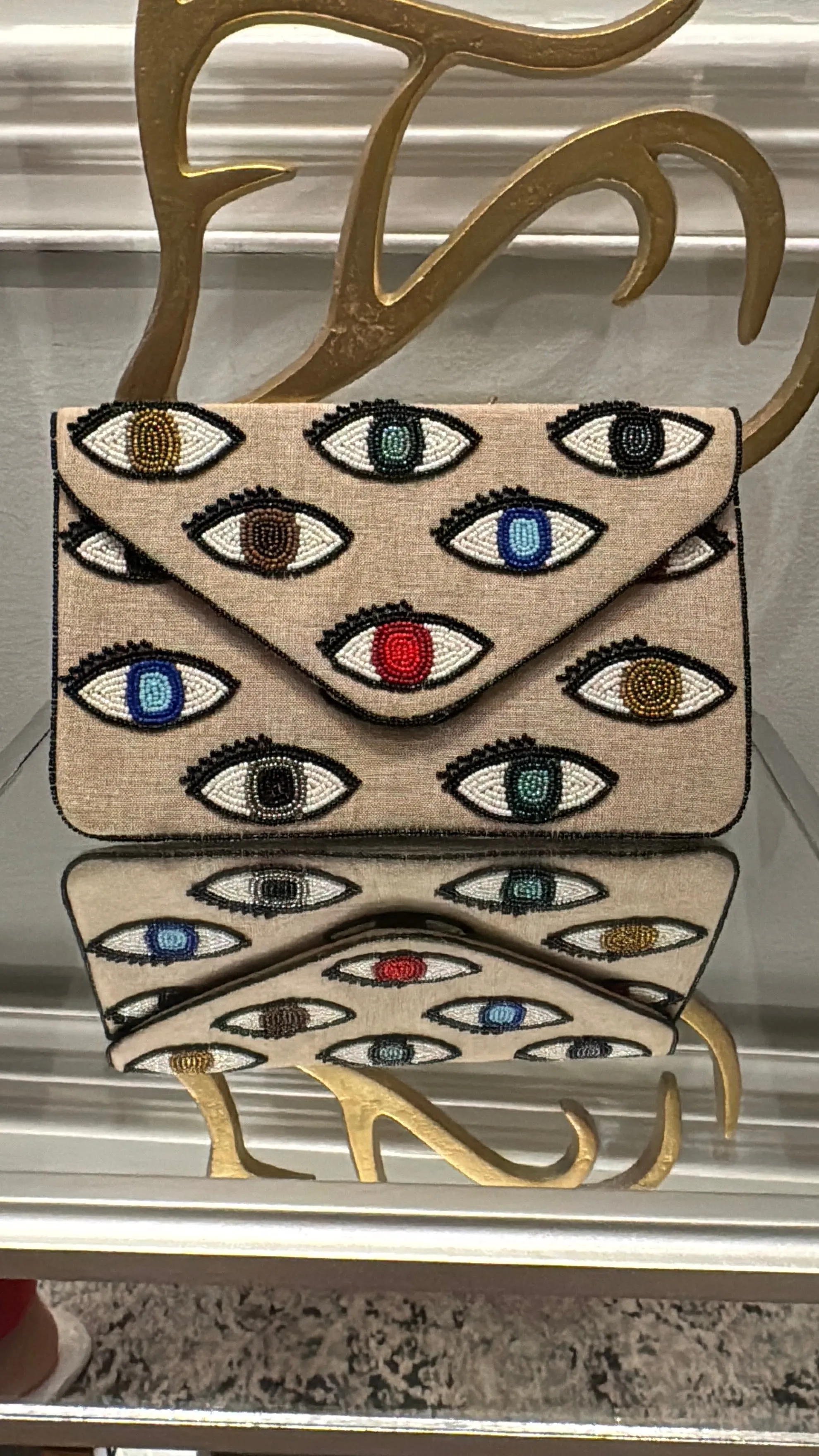 Linen Clutch hand beaded  Multi colors Evil Eye Design