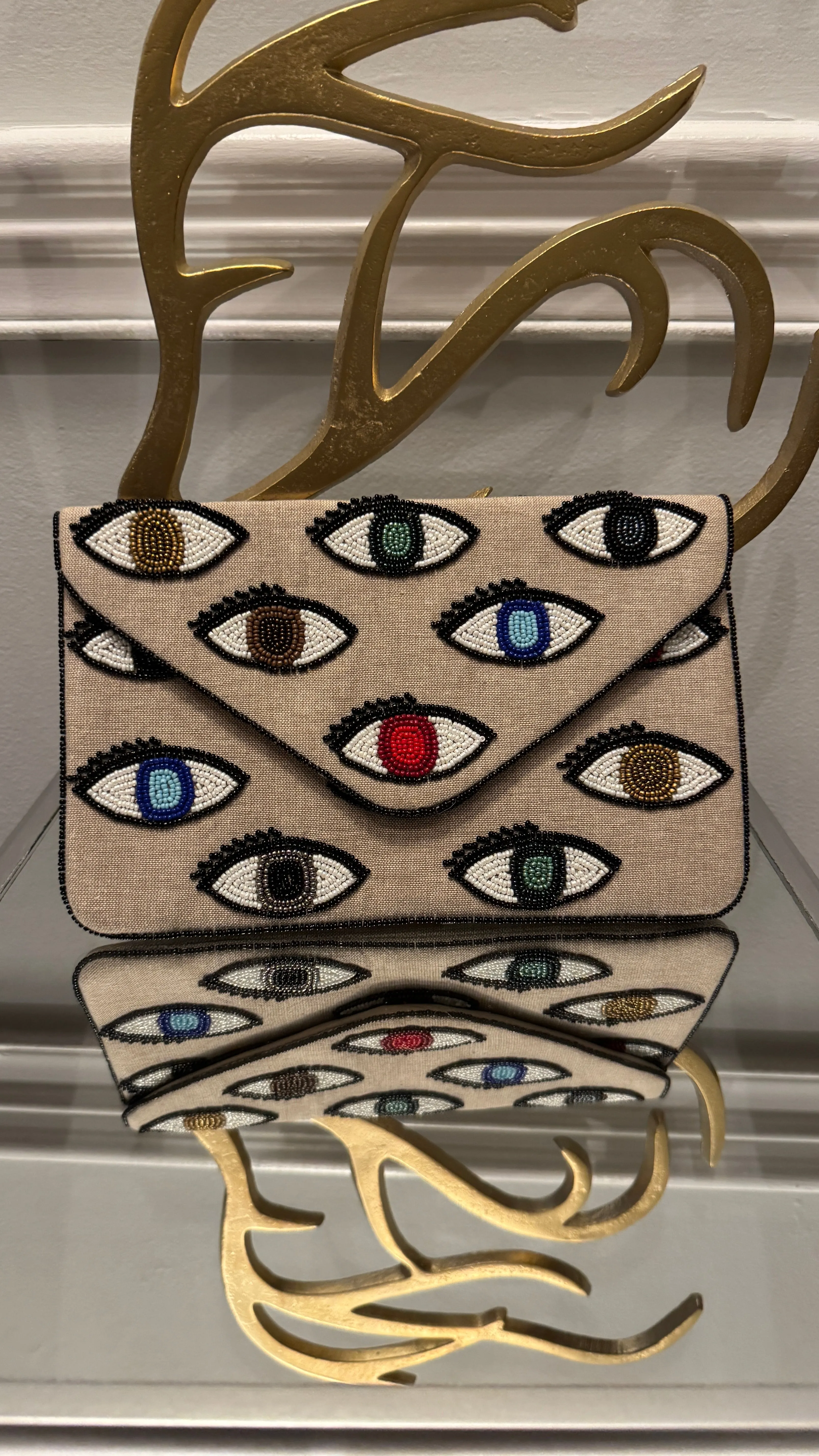 Linen Clutch hand beaded  Multi colors Evil Eye Design