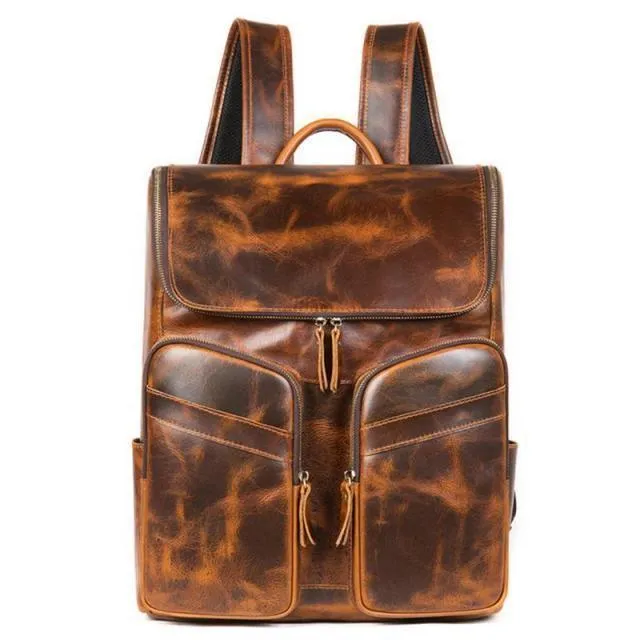 Mens Multi Pocket Genuine Leather Backpack Color Options