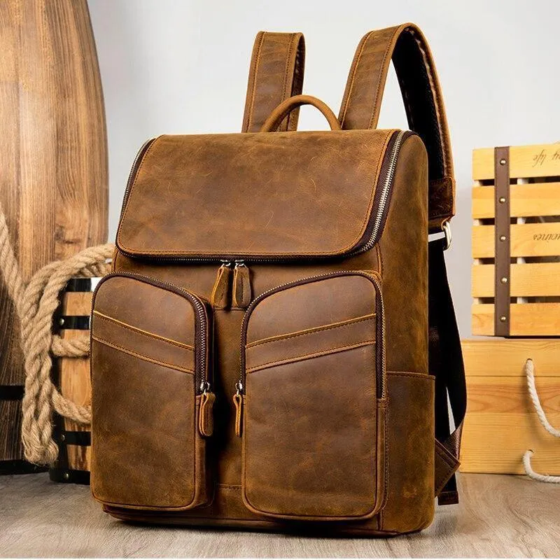 Mens Multi Pocket Genuine Leather Backpack Color Options