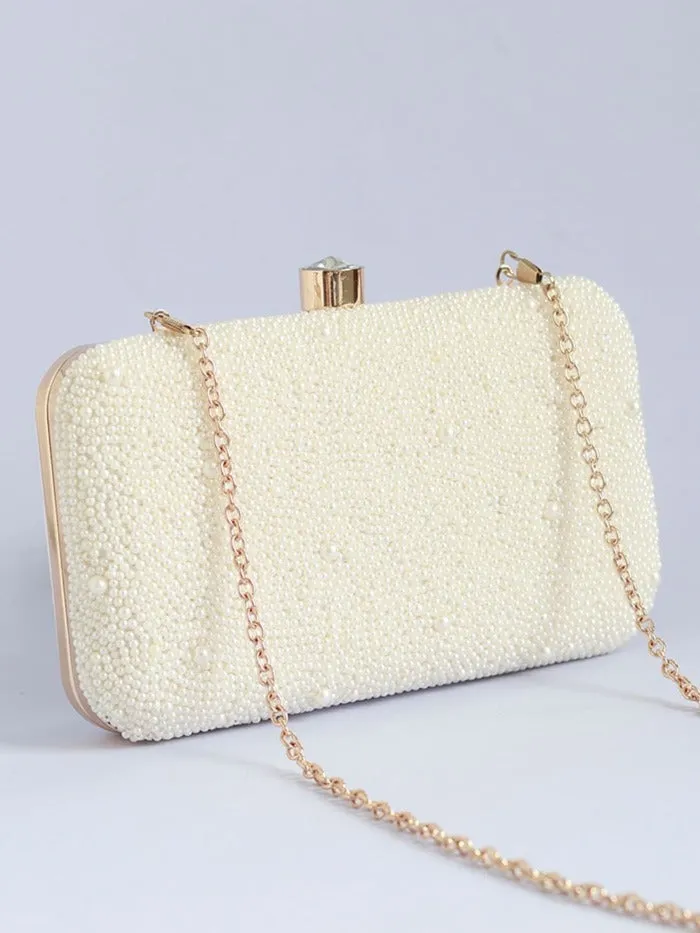 Shwet All White Pearl Hand Embroidered Clutch